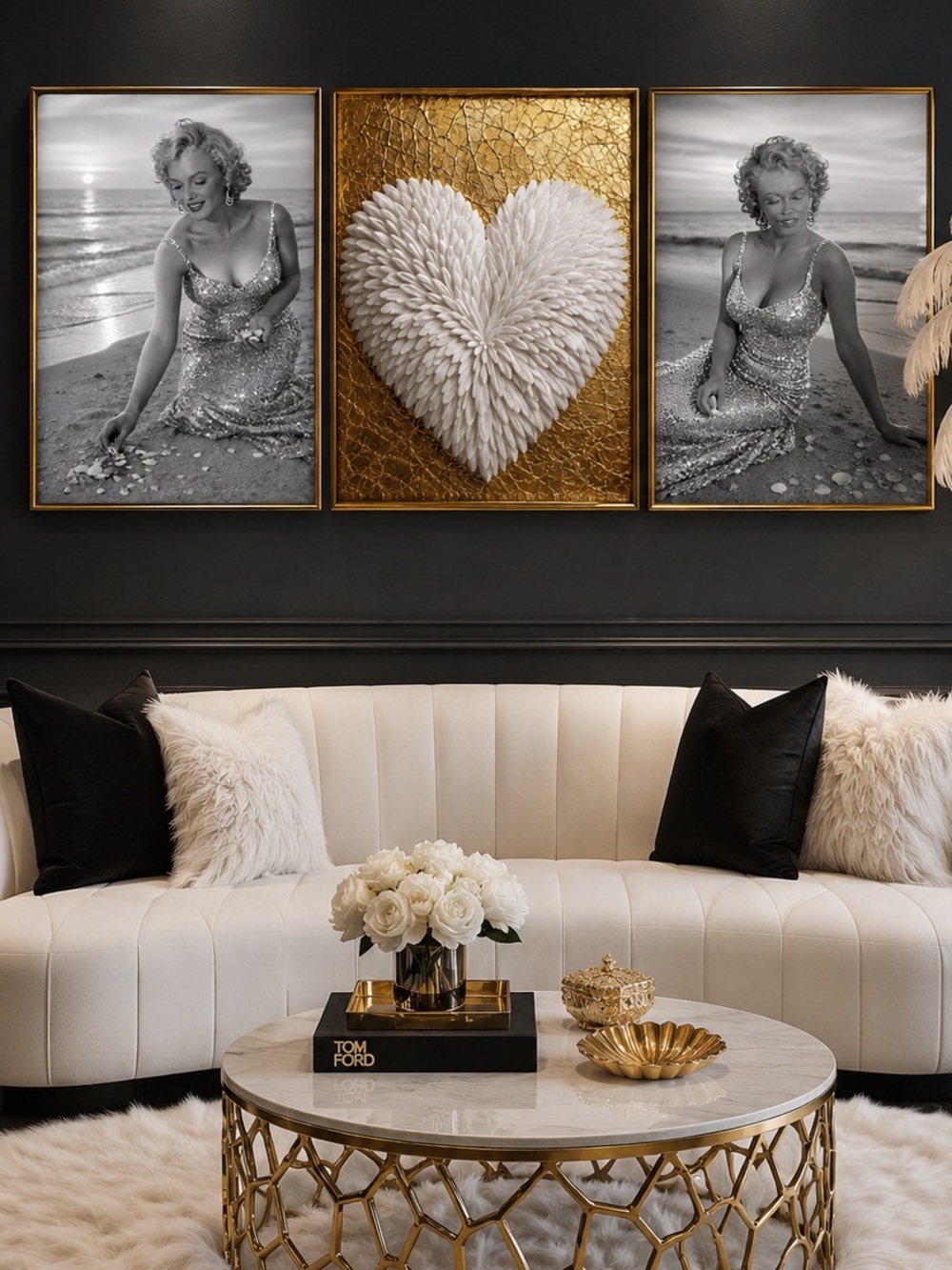 Old Hollywood Glam Wall Art | Set of 3 |Champagne Gold Feather Heart Prints 8x10